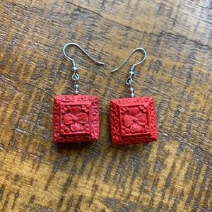 Red Hand Carved Floral Earrings